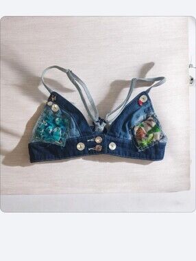 Handmade Denim Made Bra/Top With Front Button Closure Size Medium